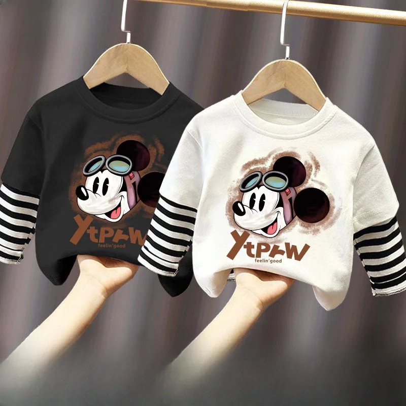 2024 Spring Autumn New Long Sleeved Top for Boys Children's O Neck Pullovers Disney Cute Mickey Print Kids Cotton  Sweatshirts