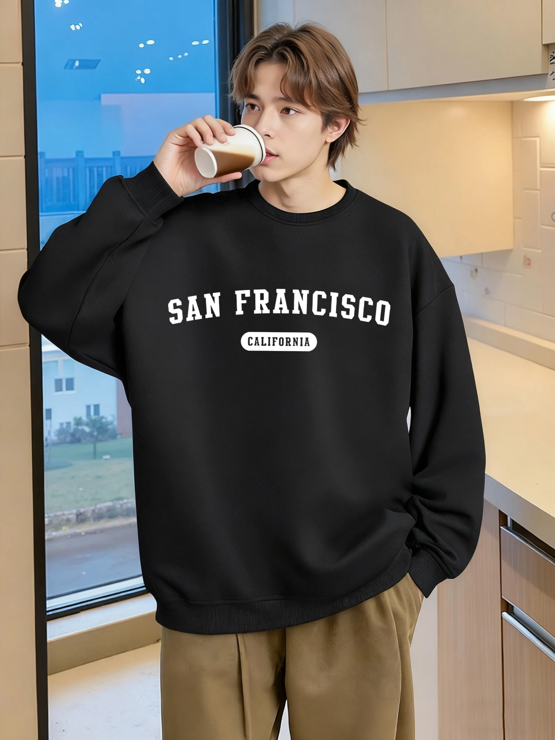 كاليفورنيا سان فرانسيسكو نمط الرجال البلوز الهيب هوب كبيرة الحجم طويلة الأكمام س الرقبة أزياء الملابس للجنسين الدافئة السترة