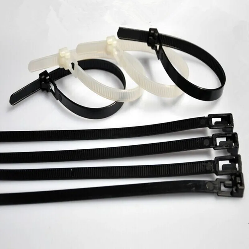 Preto e Branco Releasable Nylon Cable Tie, Reutilizável Plástico Zip Ties, Zip Toes Tie, Ajustável, Wrap, 100pcs por lote, 8x300mm