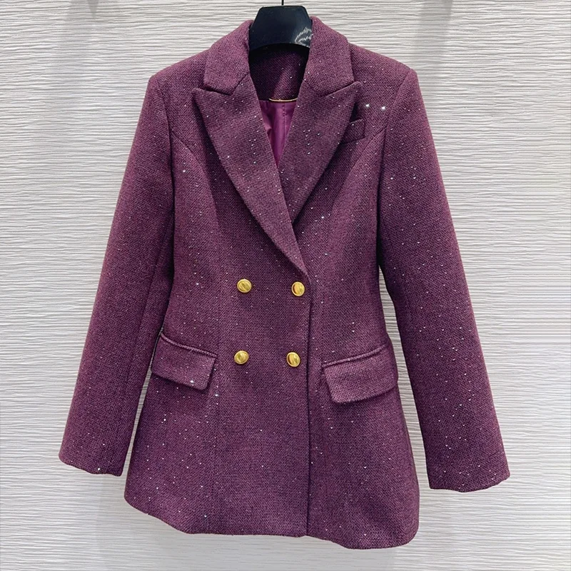 

High quality woman flat collar double breasted suit jacket with hardware logo connection and Small sequins coat 25121619