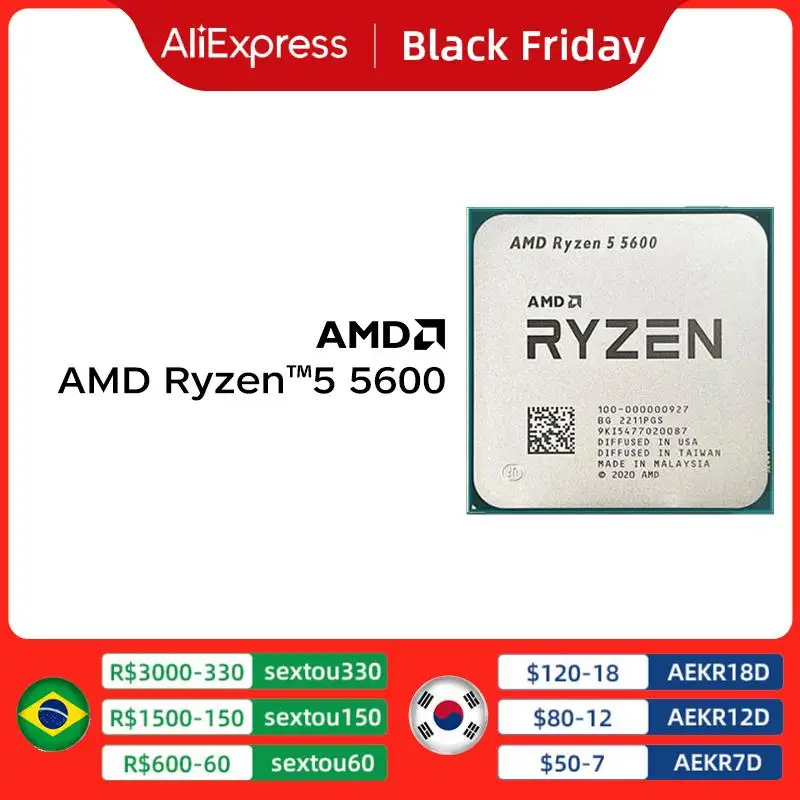 Processeur AMD Ryzen 5 5600, R5 5600, 3.5 GHz, 6 cœurs, 12 fils, 7NM, L3 = 32M, Socket AM4, 100-000000927, Top