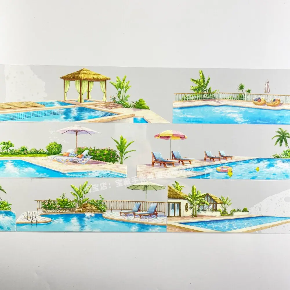Cinta Washi y Pegatina PET con motivos de Vacaciones, Piscina, Silla de Playa, Sombrilla y Árbol para Diario, Scrapbooking, DIY y Resina Fluida