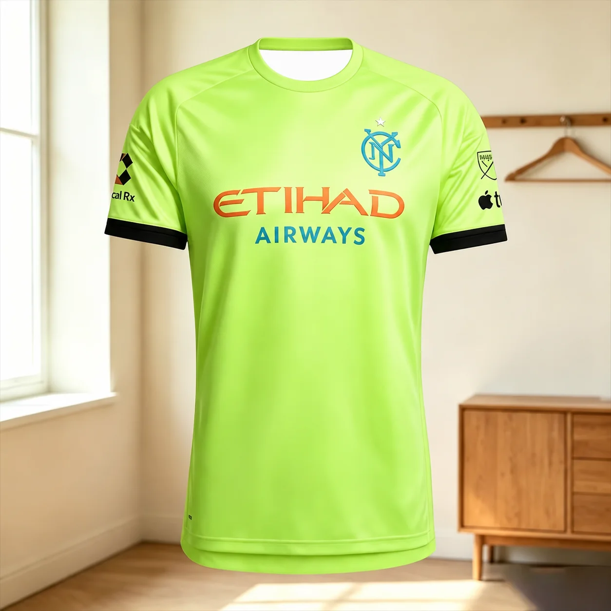Herren NYCFC Schwarzes Auswärtstrikot mit Etihad Airways-Print, schnelltrocknend, kurzärmelig, Rundhalsausschnitt, Fußball-Fan-Trainings-Sport-T-Shirt – Detail 8
