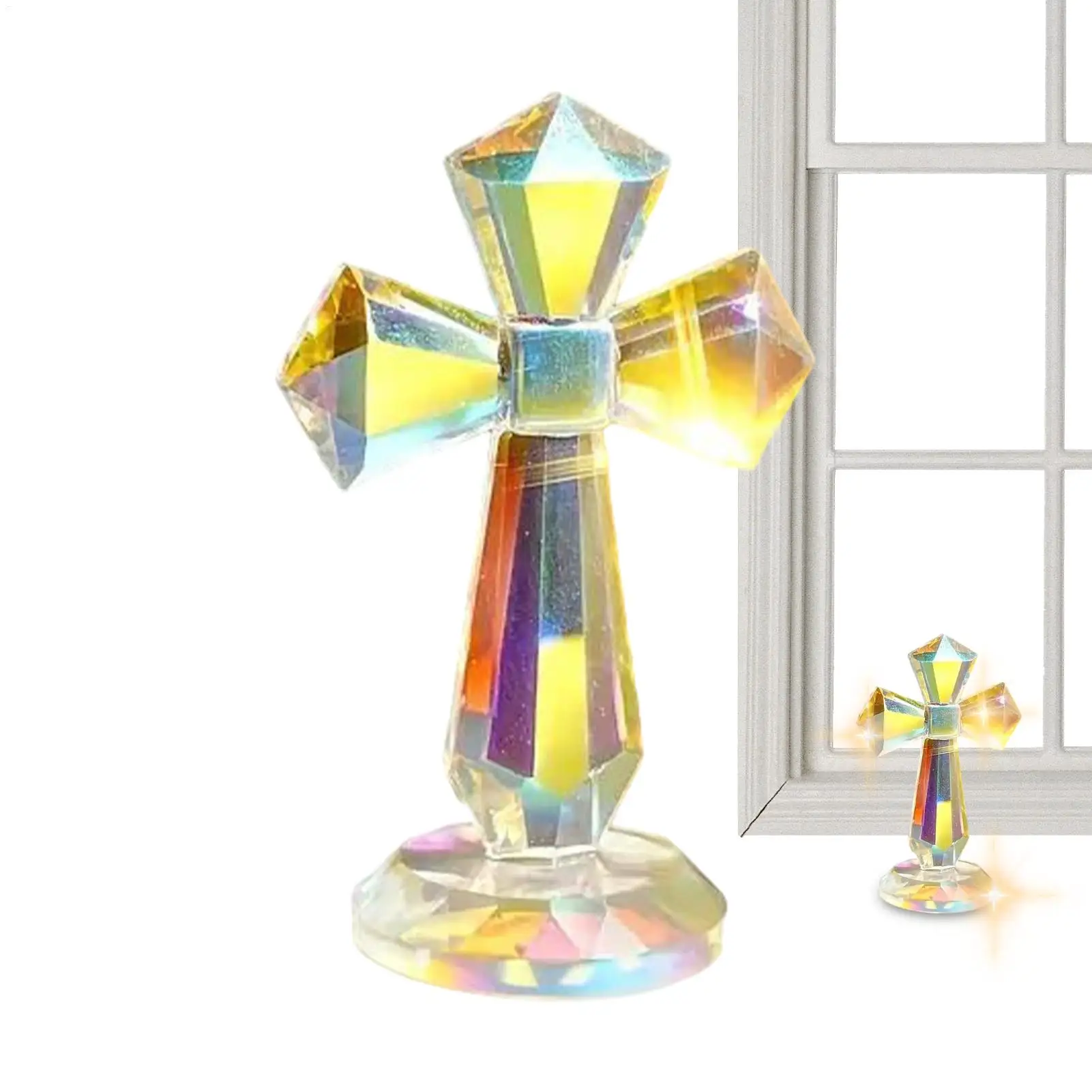 Crystal Cross Figurine 6 Inch Home Decor Religious Statue Cross Statue With 360 Faceted Design For Bookcase Prayer Room Office