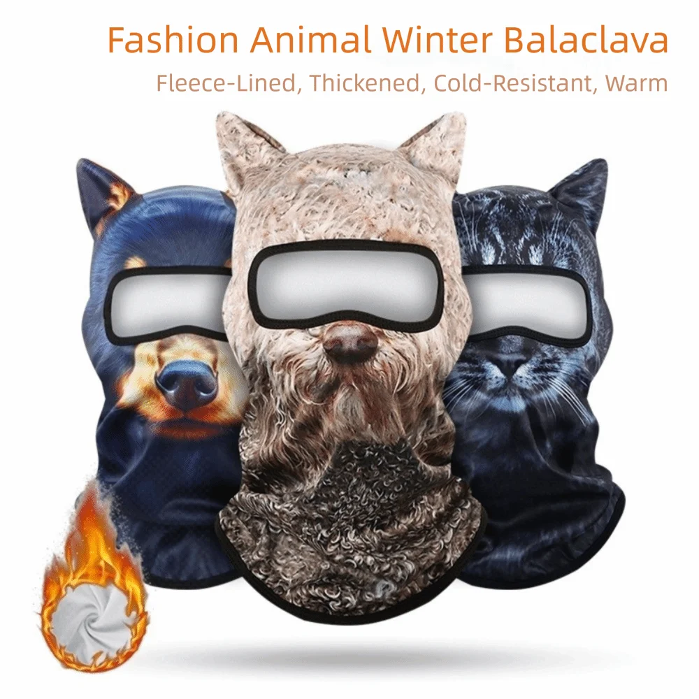 Windproof Cycling Balaclava Hat Machine Washable Thick Lined Neck Warmer Polyester 2D Flat Animal Pattern Sports Headwear