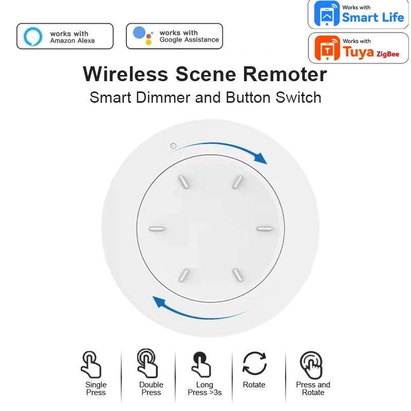 Praca z Tuya ZigBee Inteligentnym Pokrętłem Przełącznika Ściemniacza, Odłączany Bezprzewodowy Panel Automatyzacji Światła z Przyciskami do Stworzenia Scenariuszy