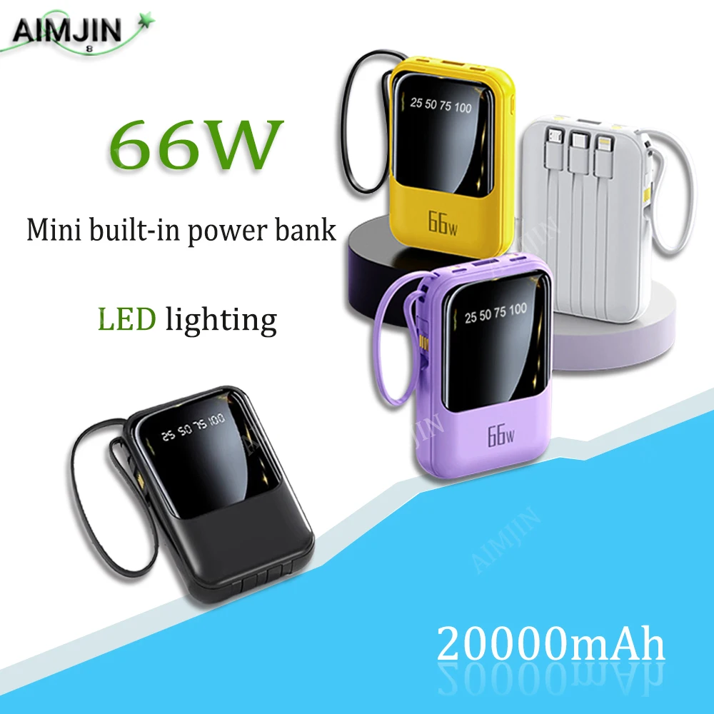 

66W Mobile Phone Power Bank 20000mAh With Built-in Cable, Compact, Portable, Mini, Super Fast Charging, Mobile Power Supply