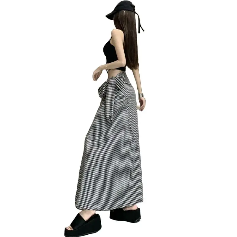 Mode Sexy Front Bowtie Rokken Voor Vrouwen Hoge Taille Rok Elegante A-lijn Geruite Rok Vrouwen Lange Zomer Saia Feminina