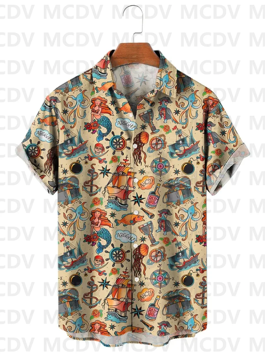 Kemeja lengan pendek pria, Hawaii, kemeja Vintage tato bahari, motif perahu dada saku lengan pendek