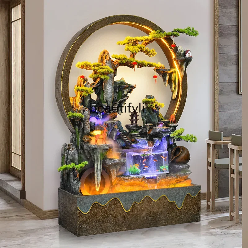 TV cabinet next to rockery flowing water fish tank landscaping circulating  Chinese style lucky large floor ornament