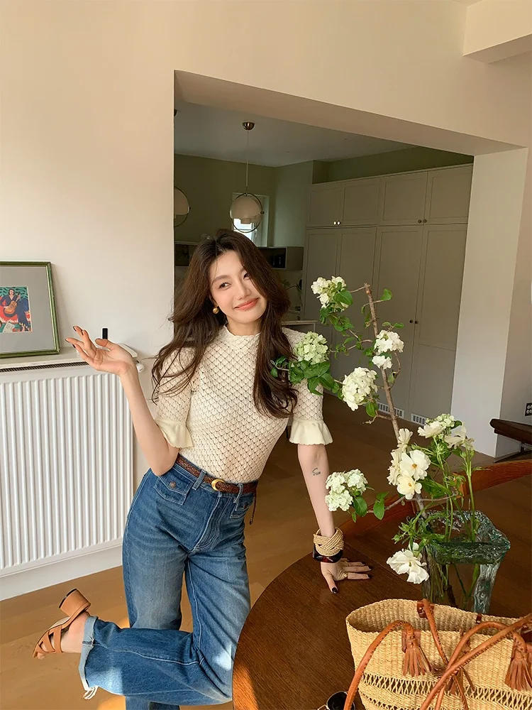 

Alone Savor Skin-friendly Knitted Sweater Stand Collar Waist-cinching Fine Polyester Fiber Sweet Sle Seven Sve Long