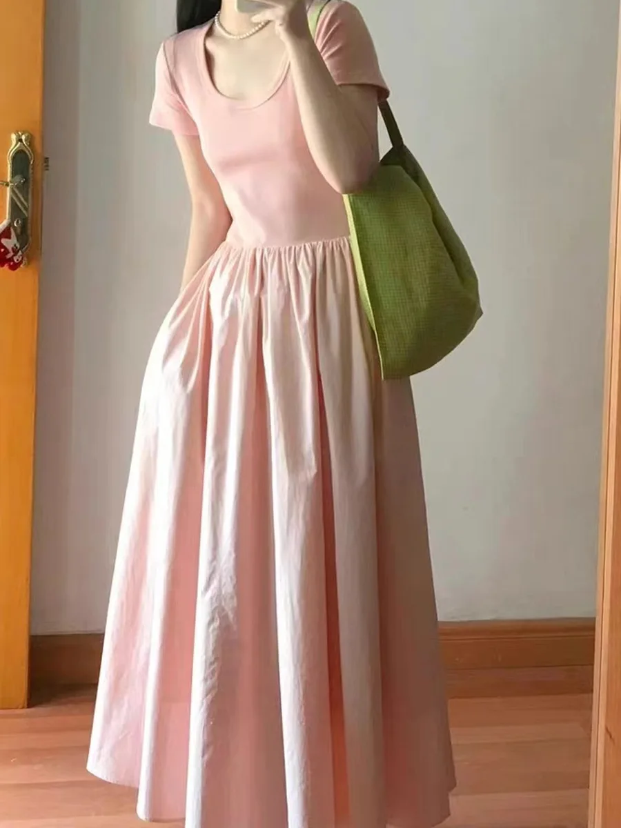 Vestido feminino rosa uma linha vestidos longos plissado sem mangas colete cintura alta casual fino elegante splice festa casual boho vestidos