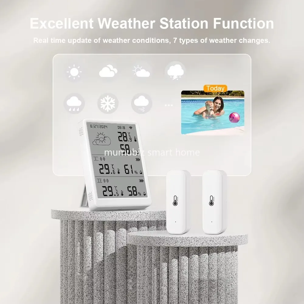 Tuya Grande Schermo LCD Stazione Meteo WIFI Previsioni Digitale Wireless per Interni/Esterni con 2 Sensori Igrometro Umidità Temperatura