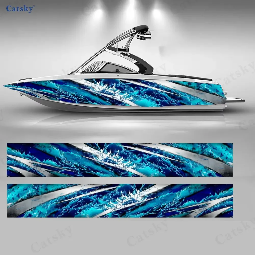 Ice Blue Cracked Lightning Boat Stickers, PVC Waterproof Durable Vinyl Wrap Decals for Fishing Boats, Durable and Stylish Design