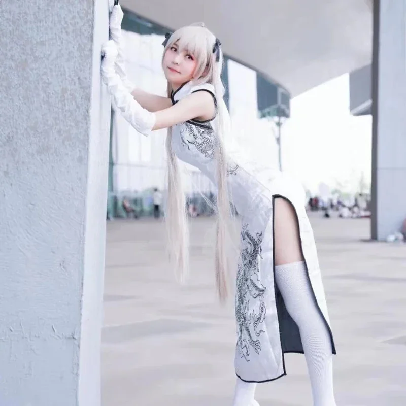 Disfraz de Cosplay de Anime Yosuga No Sora kasuvano Sora, peluca Cheongsam blanca y negra, juguete de conejo, vestido de fiesta de Carnaval de Halloween