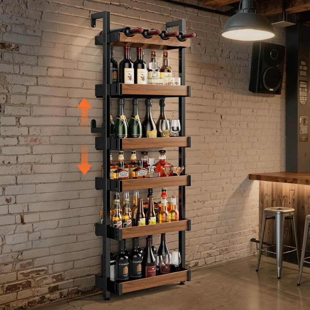 

6-Tier Adjustable Wall Mounted Wine Rack, Heavy Duty Metal & Wood Storage Shelf for Kitchen Bar Dining Room