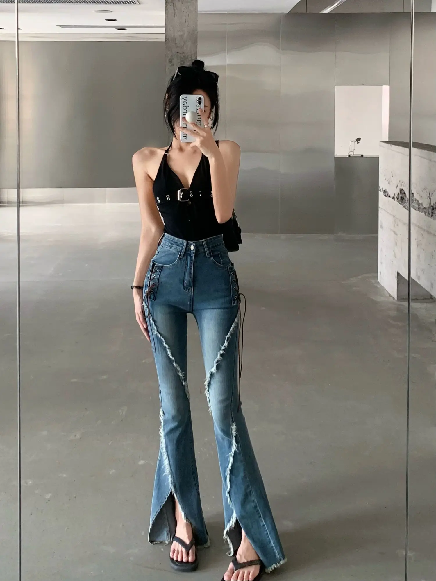 Blue Elastic Split Jeans For Women's Autumn Straight Denim Trousers Oversized Chubby High Waisted Slightly Flared Pants