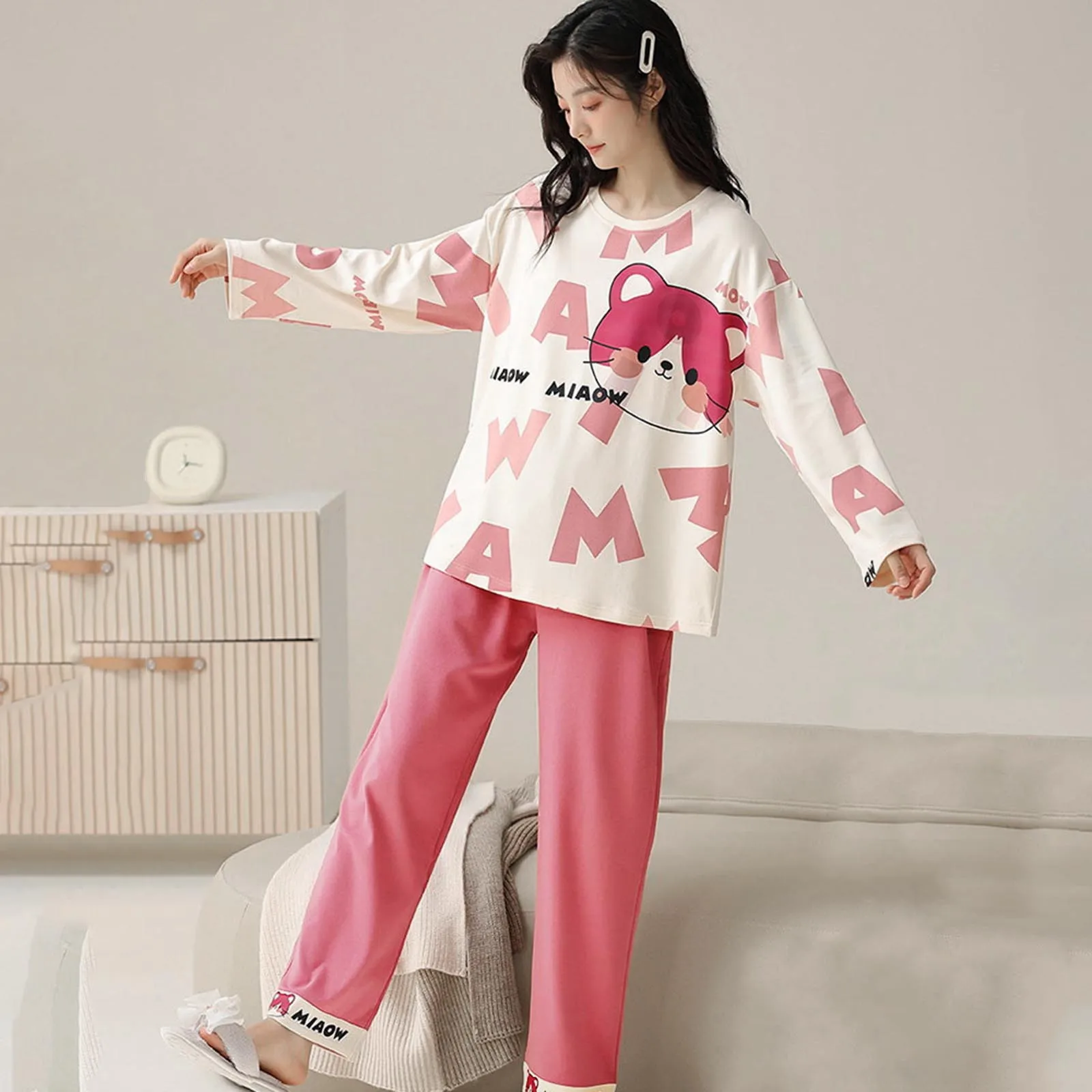 New Sweet Cute Cartoon Loungewear Plus-Size Loose Pajamas Set Casual Sleepwear For Students Loose Sweatshirt + Long Pants 2 Sets