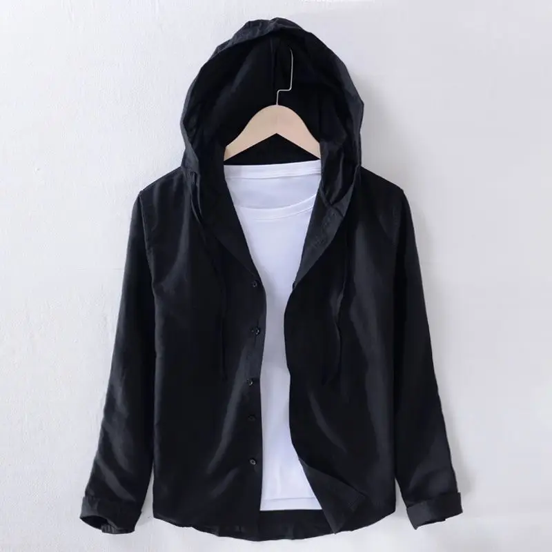 New Spring Style Men Long-sleeved Shirt Japanese Literary Casual Top Thin Hooded Striped Jacket