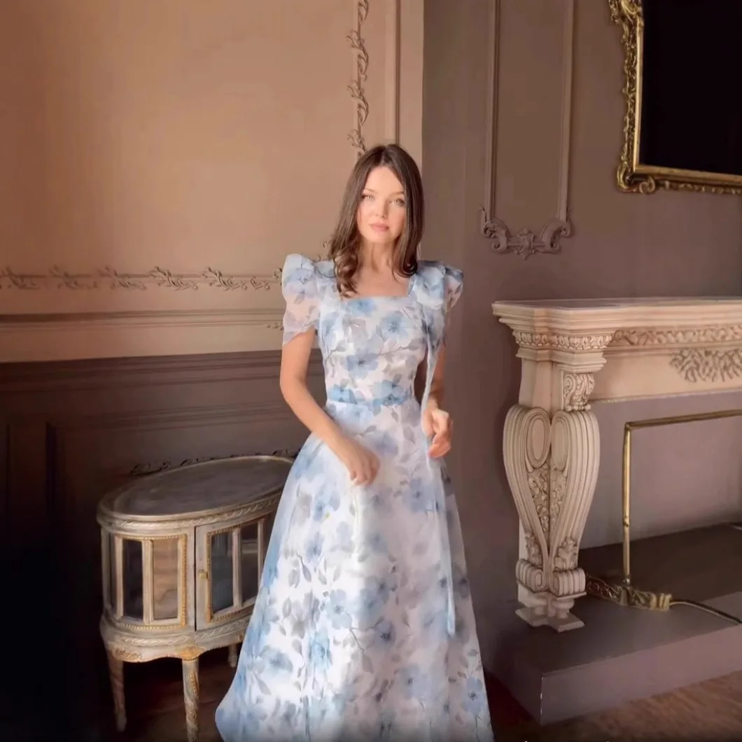 女性プリントドレス Aライン半袖ロングドレス スリムフィット エレガントスクエアカラー スプライスドレス パーティー プロム サマードレス