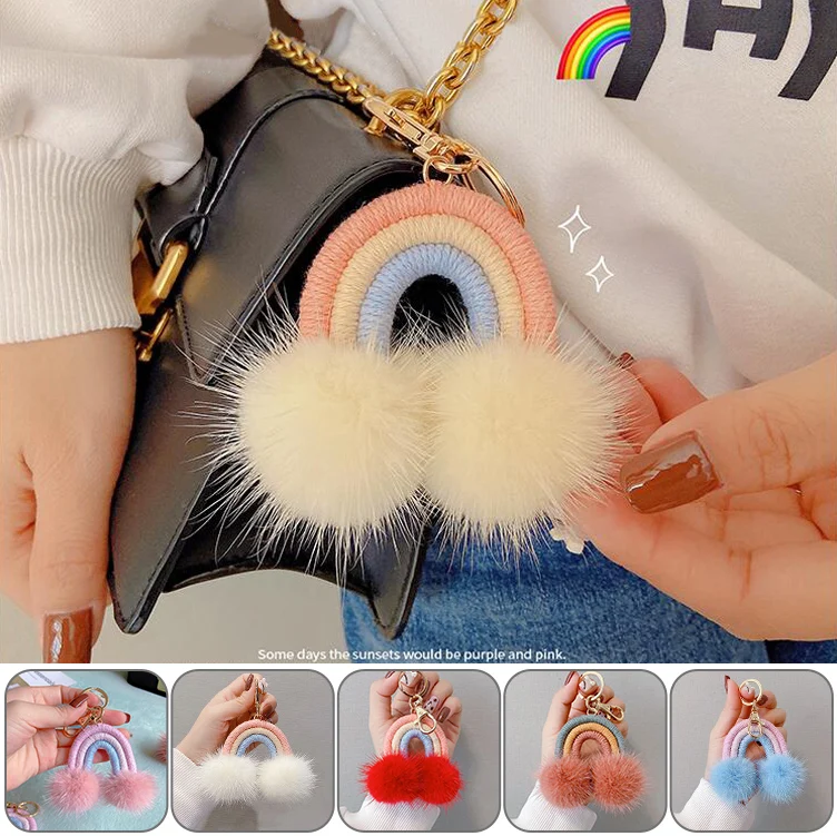 

Colorful Fluffy Rainbow Clouds Keychain Charms Real Mink Hair Ball Fur Pompom Key Chains For Women Bag Charms Accessory Trinket