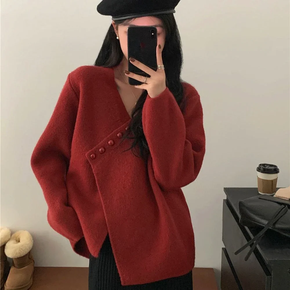 Cardigan Women\'s Sweater Winter Button Red Knit Tops for Woman V-neck Crochet Fashion 2024 Designer Modern Trend Jersey Korean