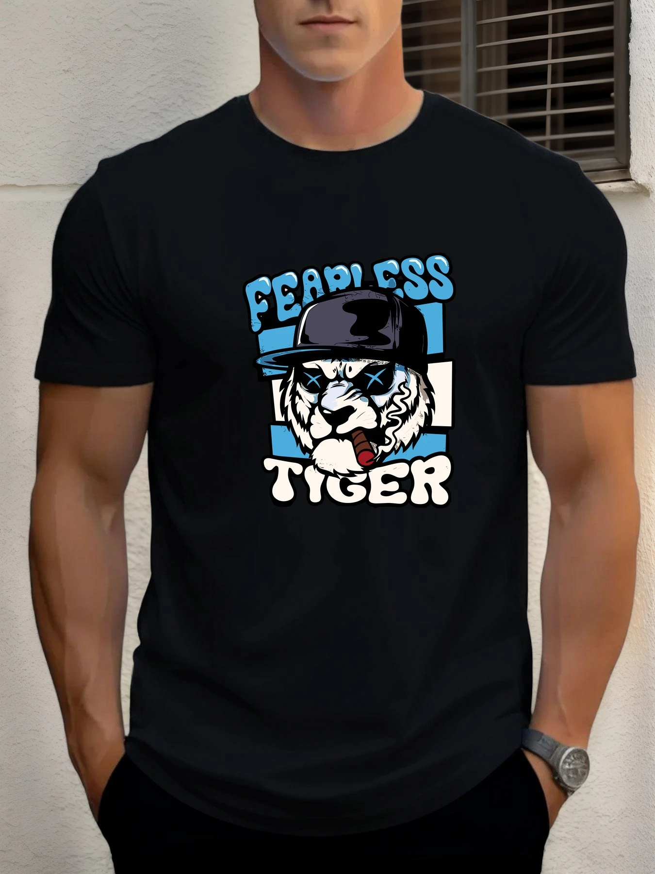 

2025 Summer Men's Cotton T Shirt Fearless Tiger Trendy Print Round Neck T-Shirt Casual Breathable Street Style Daily Top