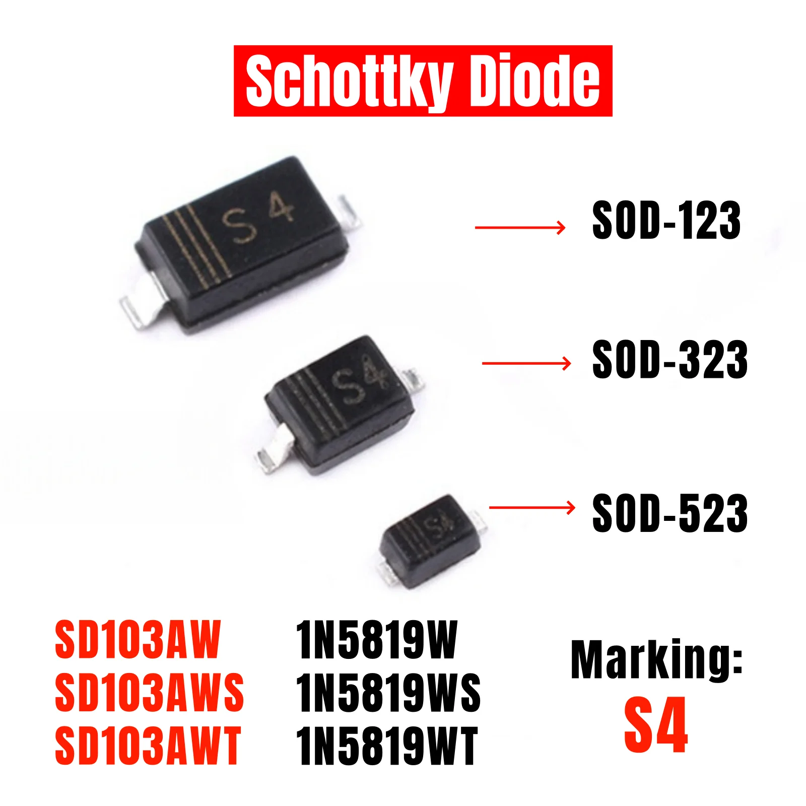 50PCS New Original Marking:S4 SD103 SD103AW SD103AWS 1N5819 1N5819W 1N5819WS 1N5819WT B5819WT B5819W B5819WS Schottky diode