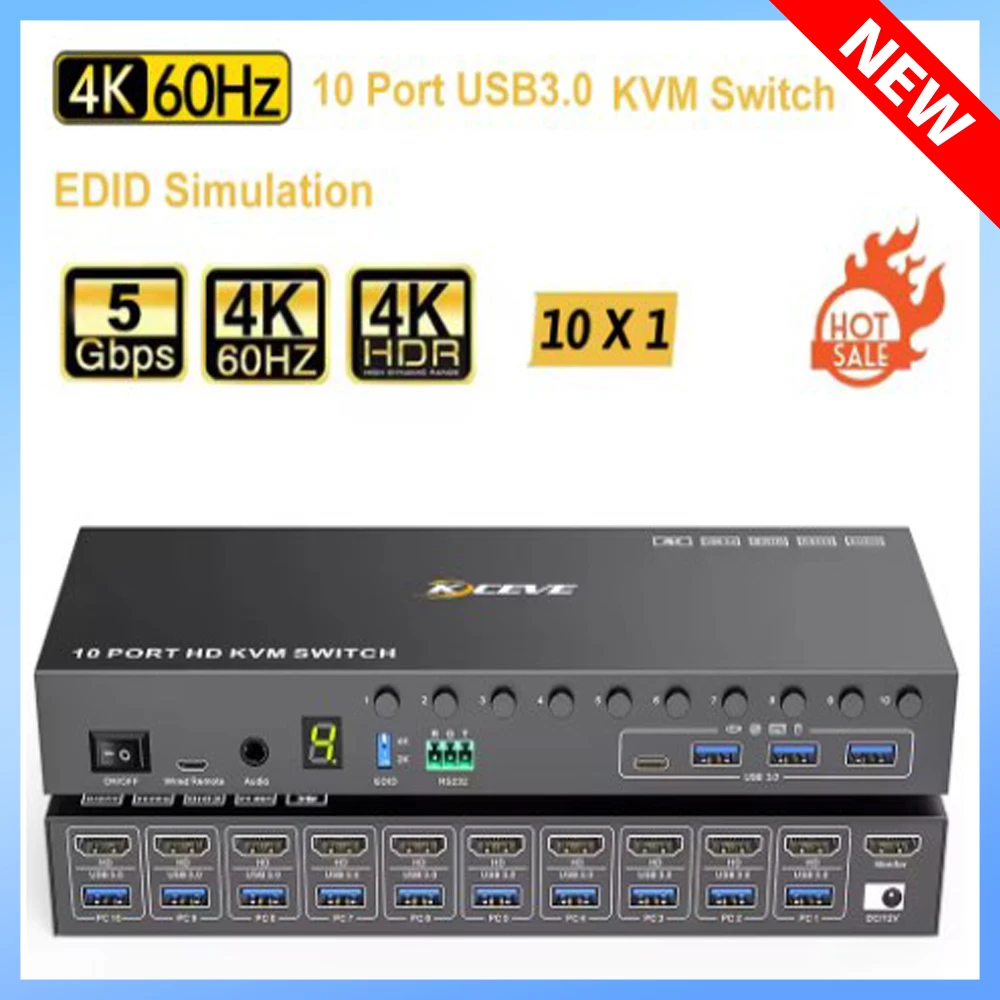 

NEW 10 Port KVM Switch With EDID simulation HD-MIUSB3.0 KVM Switch for 10 Computer Share 1 Monitor 4 USB Device,With Audio RS232