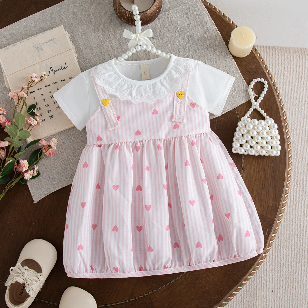 Baby Dresses Summer Cotton Heart Shaped Full Print Lace Edge Short Sleeved Baby Girl Dress Cartoon Cute Beach Baby Girl Clothing