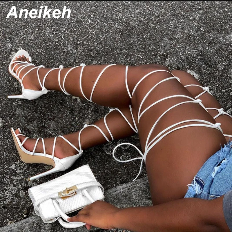 Aneikeh Women Black Lace Up Stiletto Heel Sandals Square Toe Multi Strap Knotted Ankle Wrap Party Summer Footwear