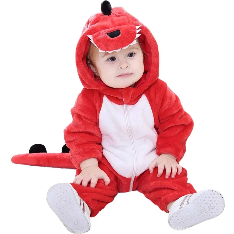 Baby One-piece Pajamas Zipper Hooded Flannel Dinosaur Jumpsuit Winter Costume For Kids Monolayer Overalls Cute Children Clothing