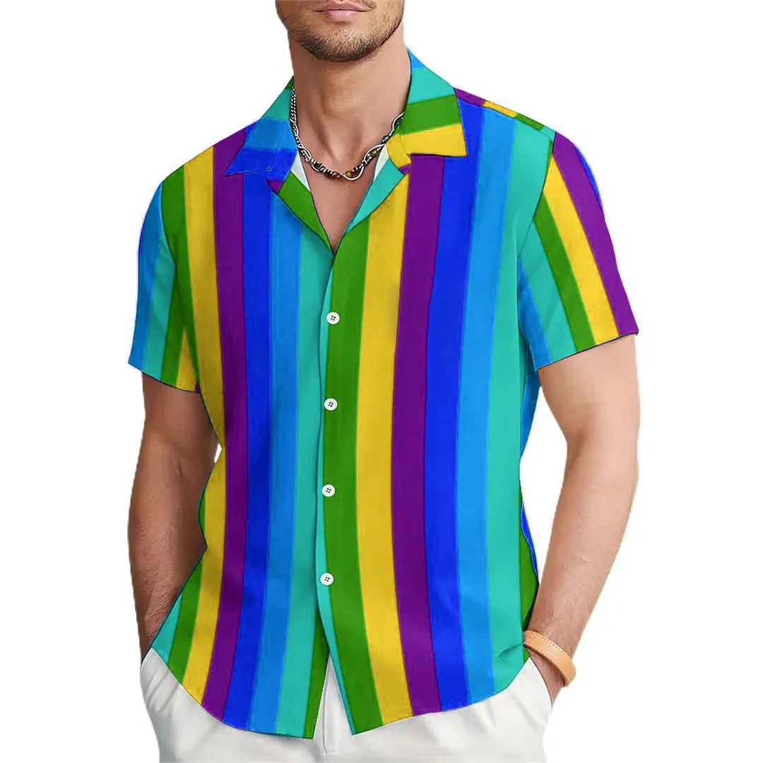 2024 new summer men\'s shirts rainbow striped casual short-sleeved shirts 3D HD full body printing shirts versatile fashion comfo