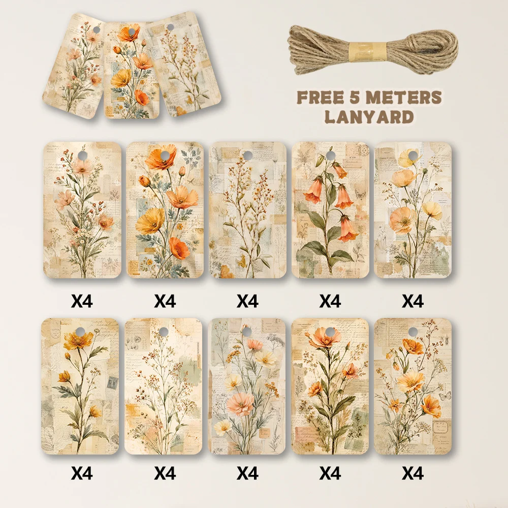40pcs, Gift Tags, Vintage Dried Flower Gift Art, Hanging Paper Labels for Gift Wrapping, Holiday Party Decor with String