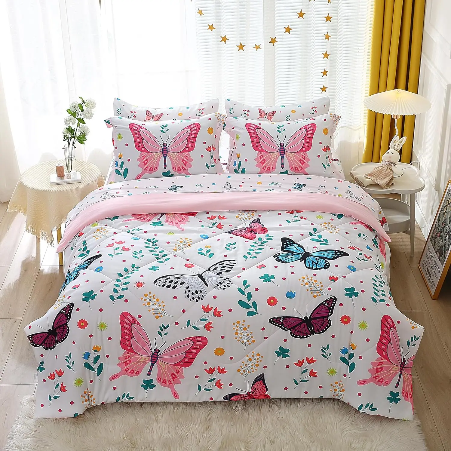 Colorful Butterfly Full Bedding Set for Girls, 7-Piece Microfiber Comforter with Sheets and Pillowcases