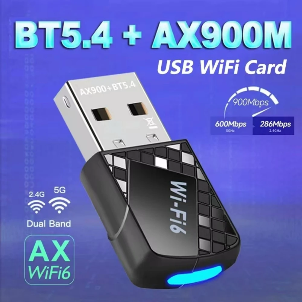

USB-адаптер Wi-Fi WiFi USB Bluetooth 5.4 Адаптер Wi-Fi Сетевая карта 900 Мбит/с Двухдиапазонный 2,4G 5G USB-ключ-приемник для настольного ПК