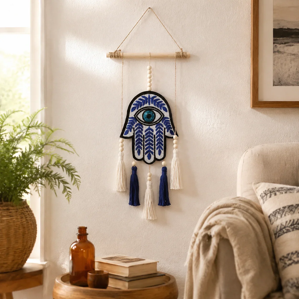 Wall Hanging Decor Cotton Bead Tassel Boho Fatima Eye Art Piece Protective Amulet for Bedroom Living Room Entryway Home