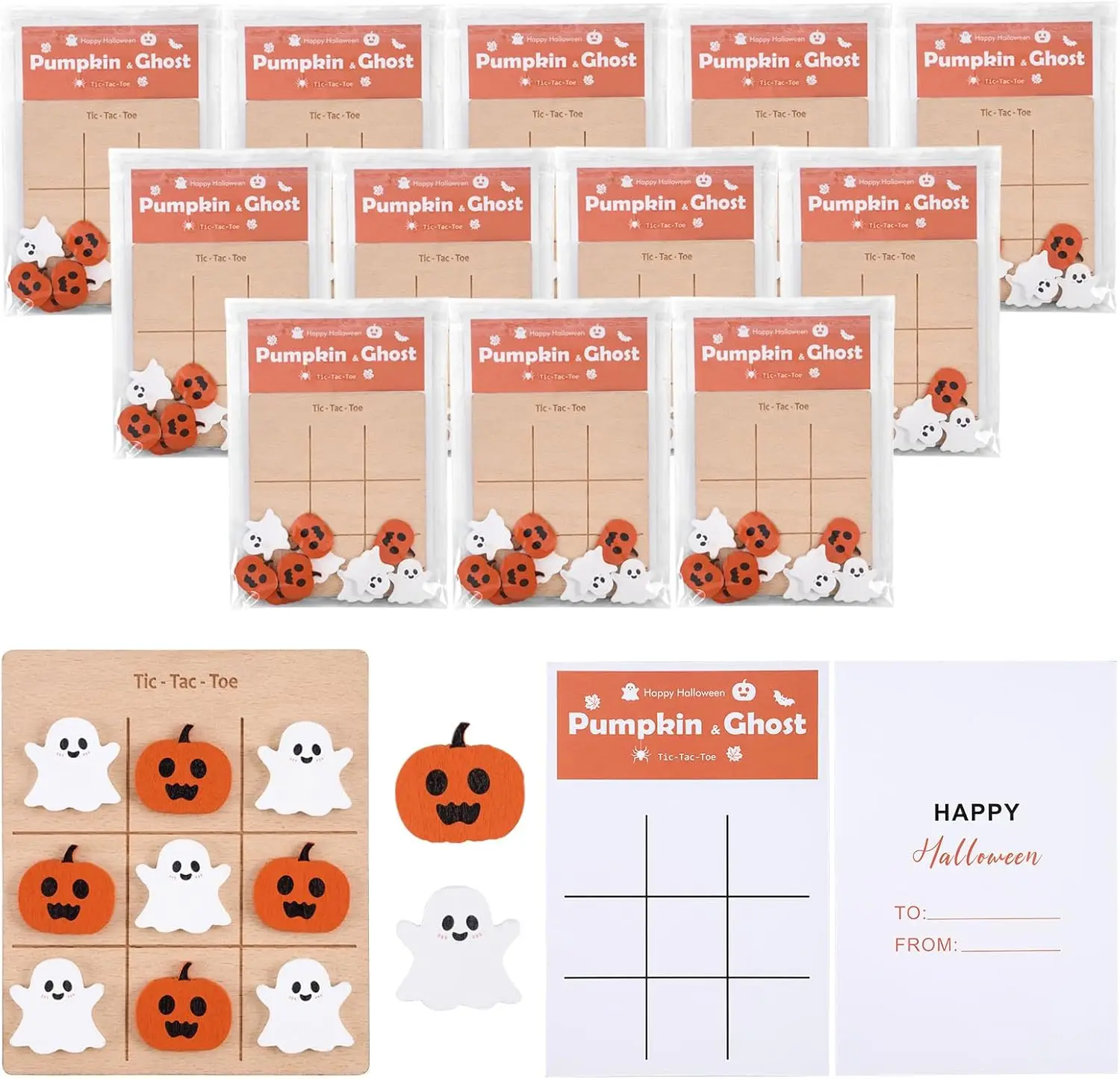 

12Pcs Halloween Tic Tac Toe Game, Mini Wooden Board with Pumpkin & Ghost Pieces for Party Gifts & Family Fun