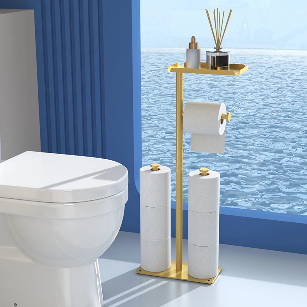 Space Saving Independent Toilet Paper Holder with Storage Rack Small Bathroom Tissue Organizer