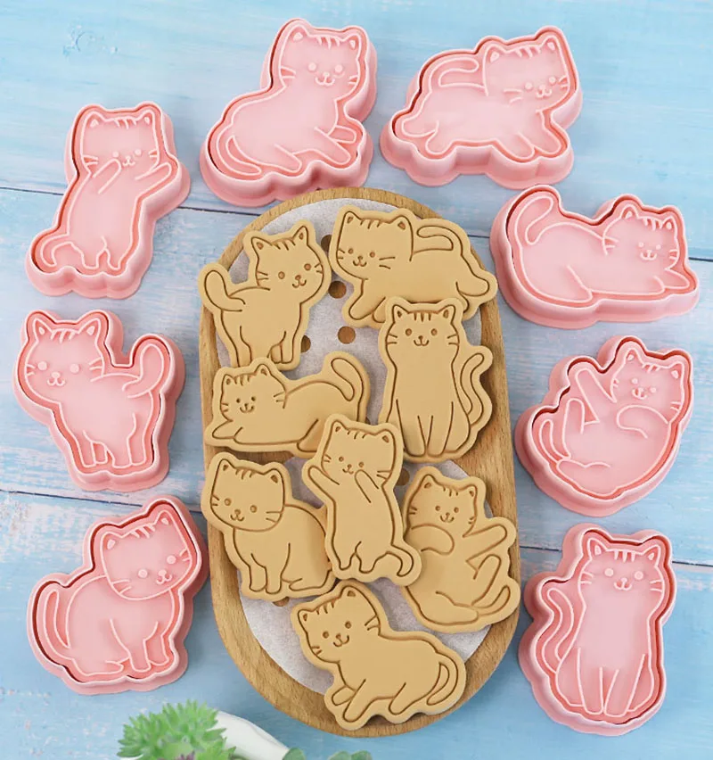 8-teiliges Katzen-Keksformen-Set Cartoon-Kätzchen-Form Keksstempel Fondant-Kuchendekorationswerkzeuge 3D Handdruckplastik-Keksformen