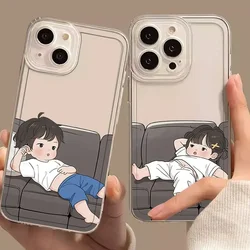 Funny Cute Girl Boy Couple Phone Case for Samsung Galaxy S22 Plus S23 S24 Ultra S25 S21 FE Transparent Lovers Fundas Soft Covers