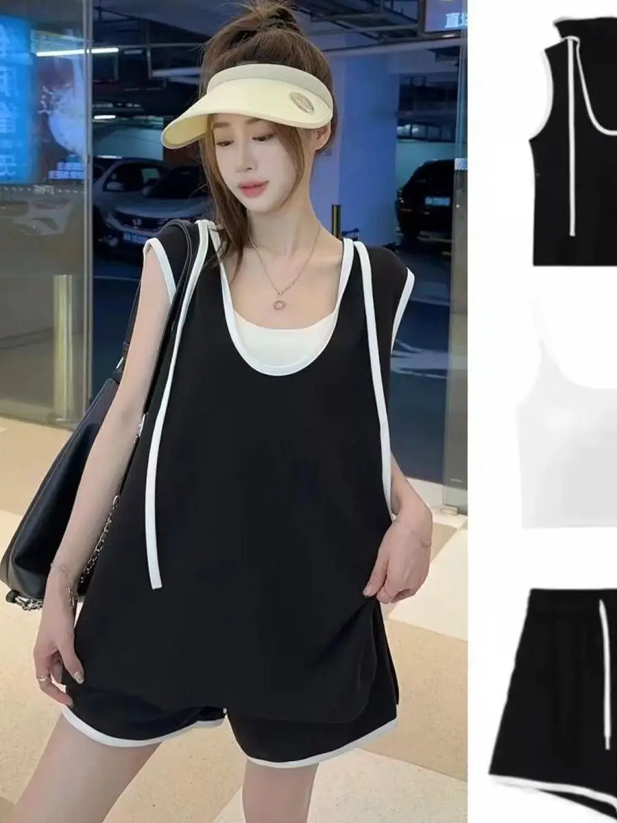 

Summer New Faion Casual Color Blo Hat Ice Silk Set Women Loose Svel Vest orts Tee Piece Set Polyester Fiber