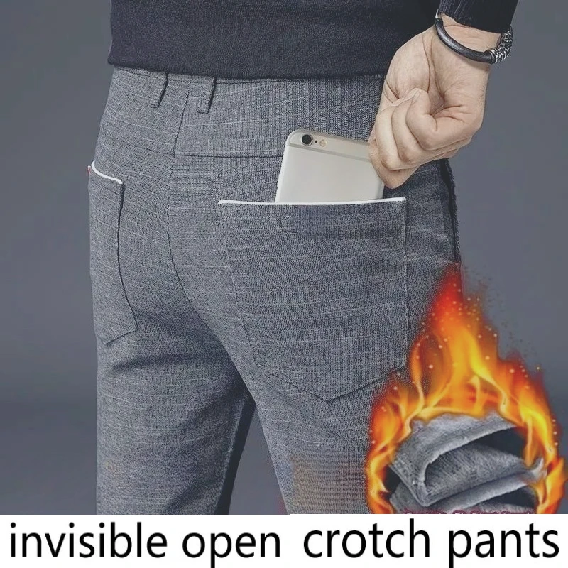 

Invisible Crotch Pants Men's Casual Autumn and Winter Velvet Thickened Plaid Pants Straight Loose Slim Business Thermal Trousers