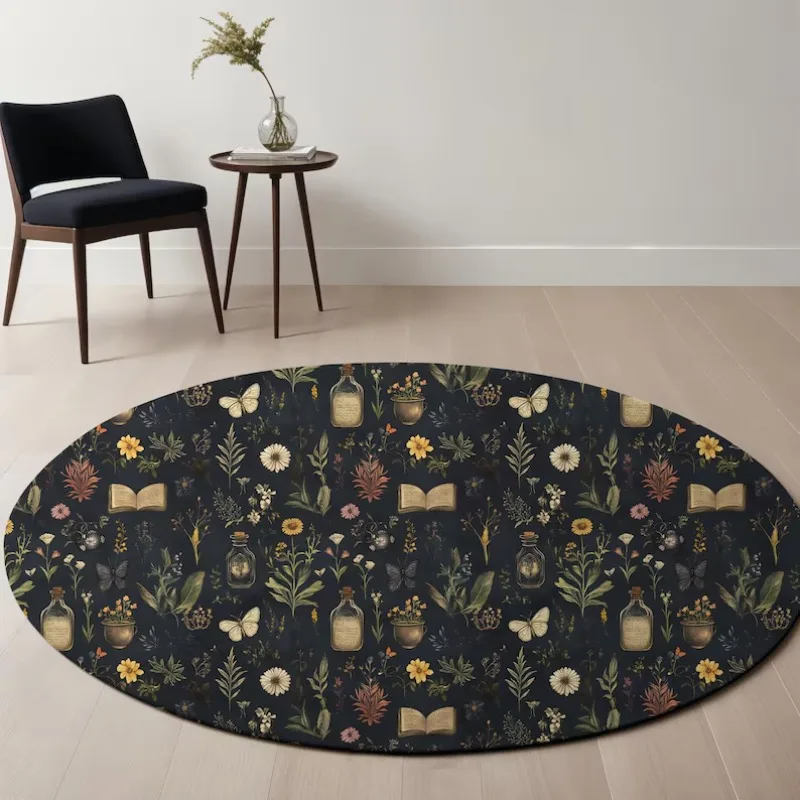 Gothic Herbal Wildflower Runder Teppich Dunkler Blumenakzent Wohnzimmer Zuhause Schlafzimmer Dekoration Teppich