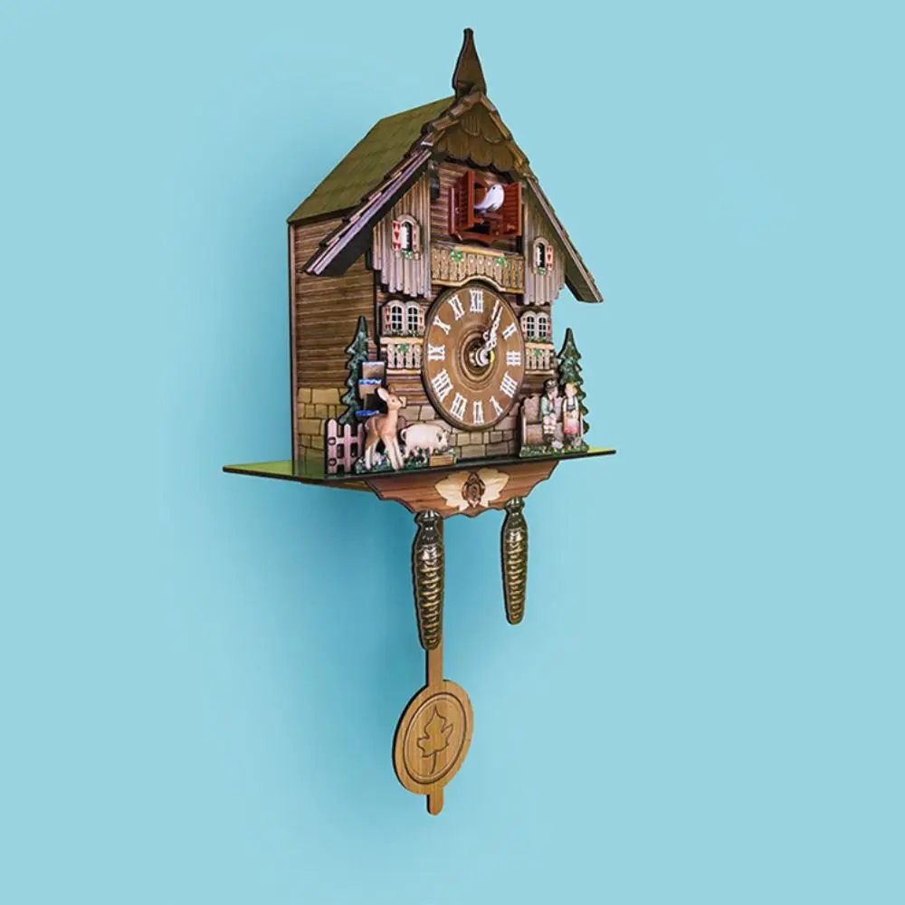 Retro Wooden Cuckoo Clock Living Room Wall Decorations Forest Tower Art Craft Ornaments Creative Bird Shape Clock