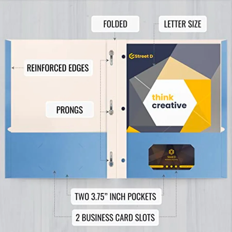 Lichtblauwe papieren mappen met tanden voor kantoorgebruik Matte textuur Letter-formaat 50-pack met 3 metalen tandbevestigingsclips Ideaal f