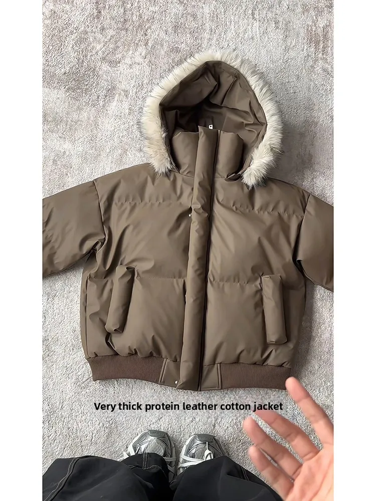 

Cé Brown ort PU Leather Fur Collar Men's down Cotton Jaet Winter American High Street Hiphop Coat Hooded Workwear Cotto...