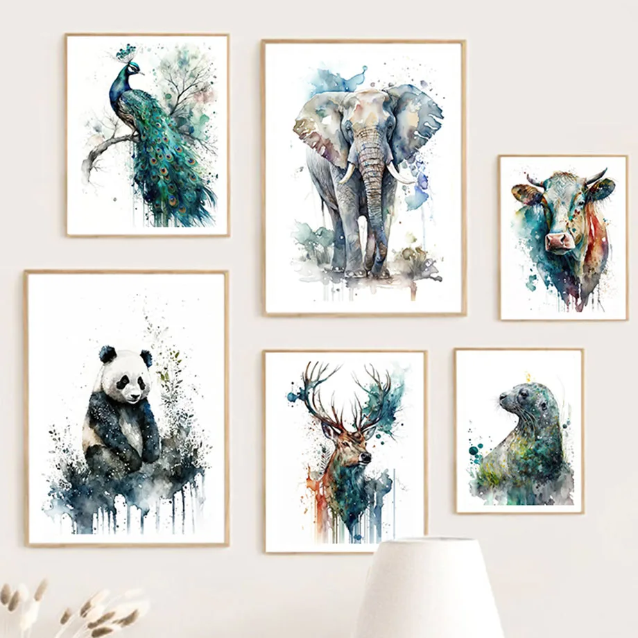 Watercolor Animals Giant Panda Elephant Peacock Deer Water Rose Wall Art Canvas Painting Nordic Poster Living Room Decor