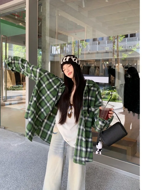 

Женское шерстяное пальто в клетку больших размеров, свободного кроя, осеннее, новое, в американском ретро-стиле, на пуговицах, модный кардиган-топ