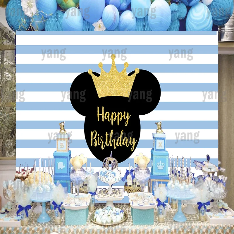 Custom Disney Cartoon Lovely Golden Grown Black Mickey Mouse Head Birthday Party Blue And White Backdrop Photography Background